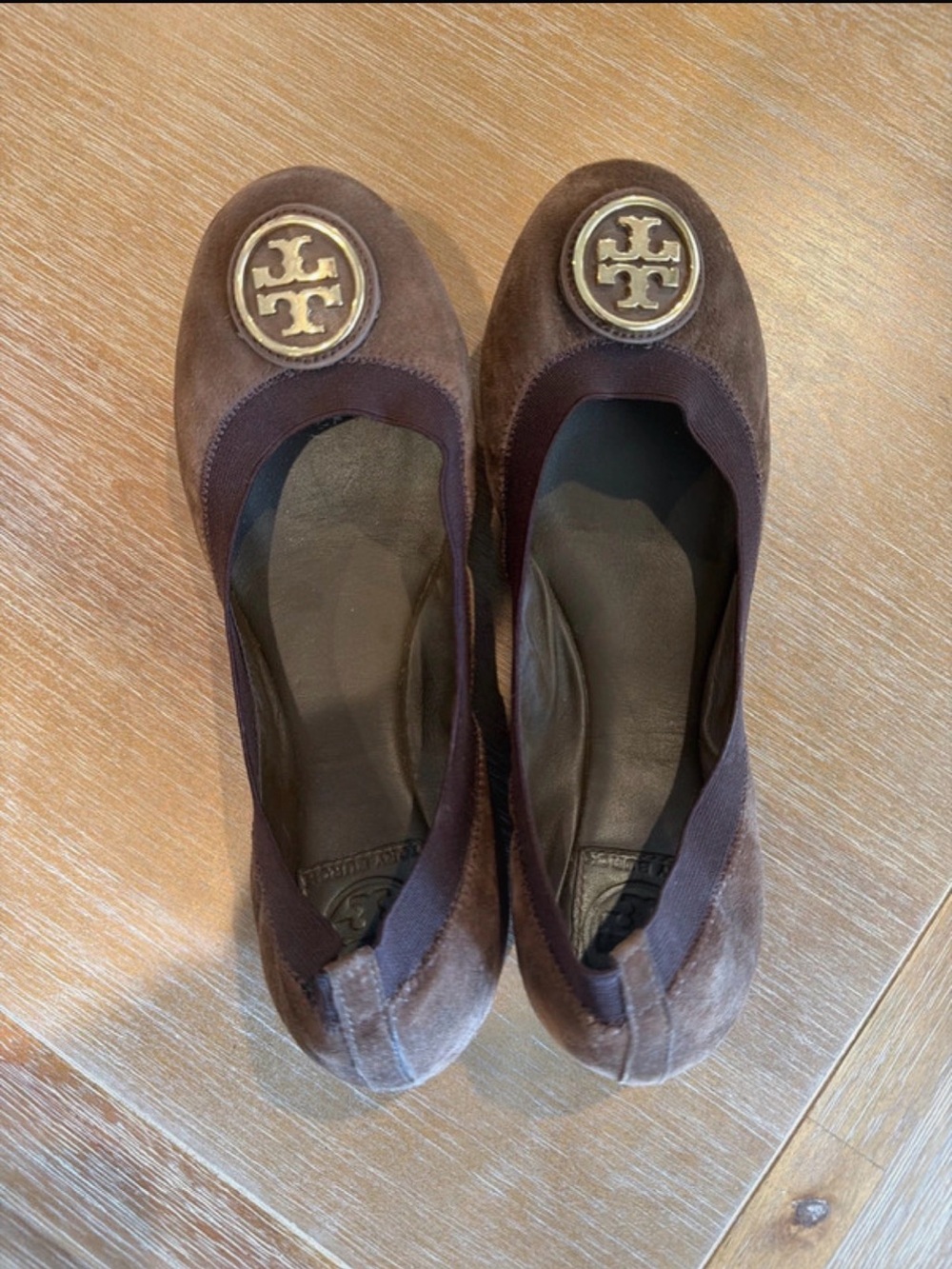 Tory Burch Brown Suede Logo Round-Toe Flats